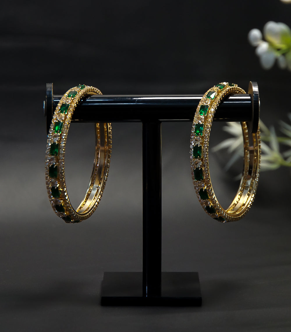 Golden Bangles with Green Stones – Set of 2