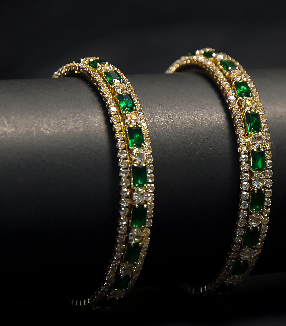 Golden Bangles with Green Stones – Set of 2