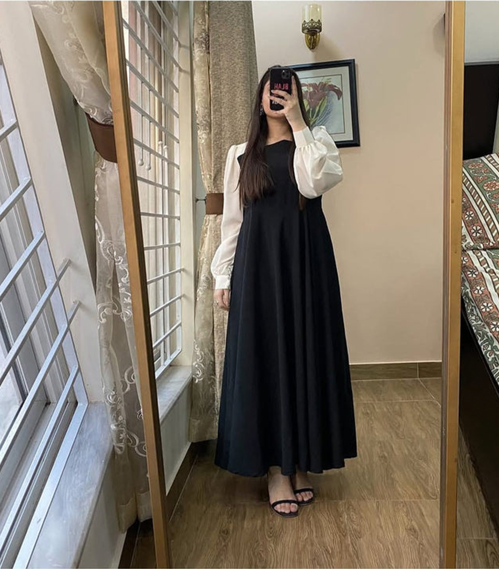 Platted Black Maxi with White Sleeves
