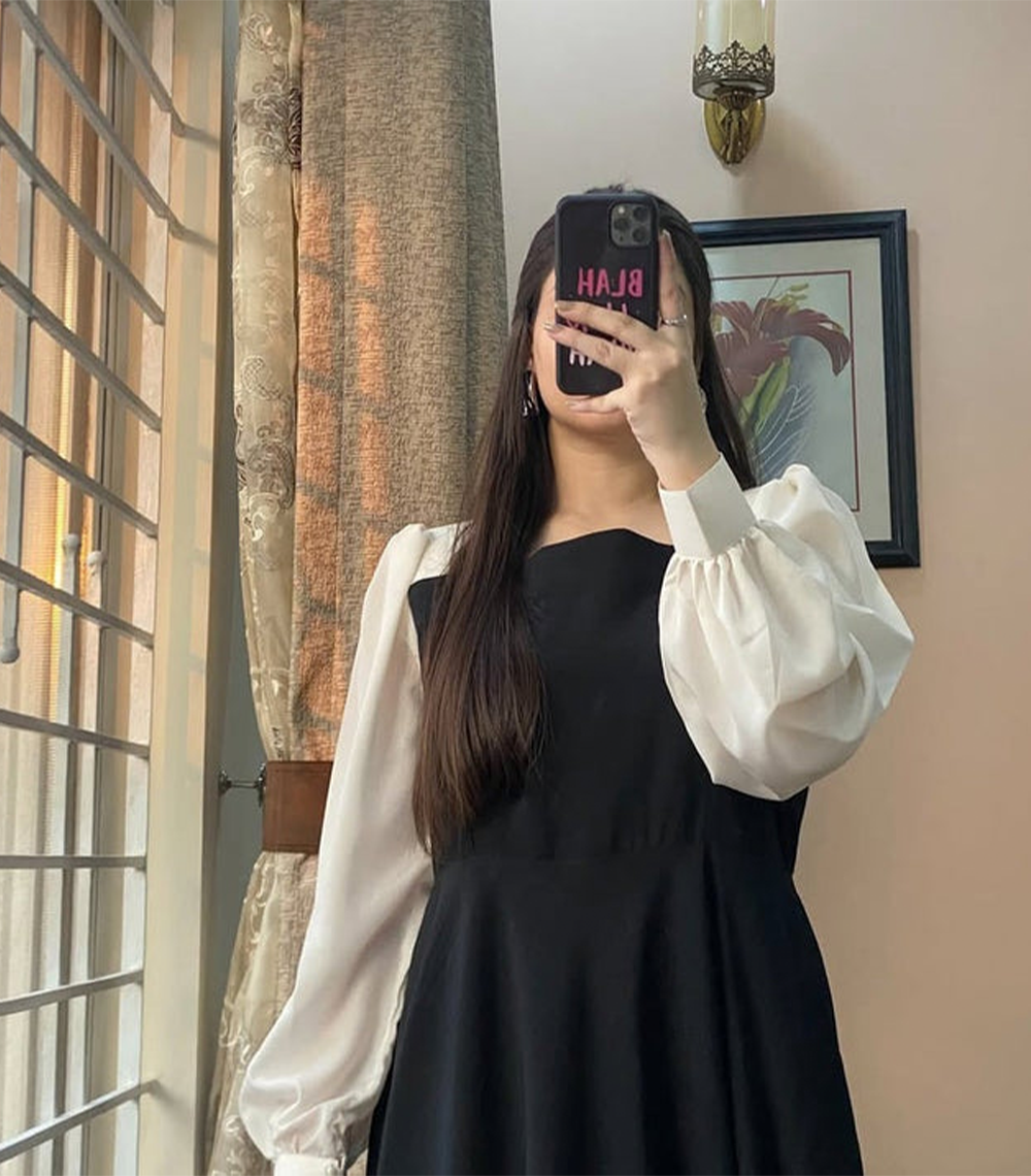 Platted Black Maxi with White Sleeves
